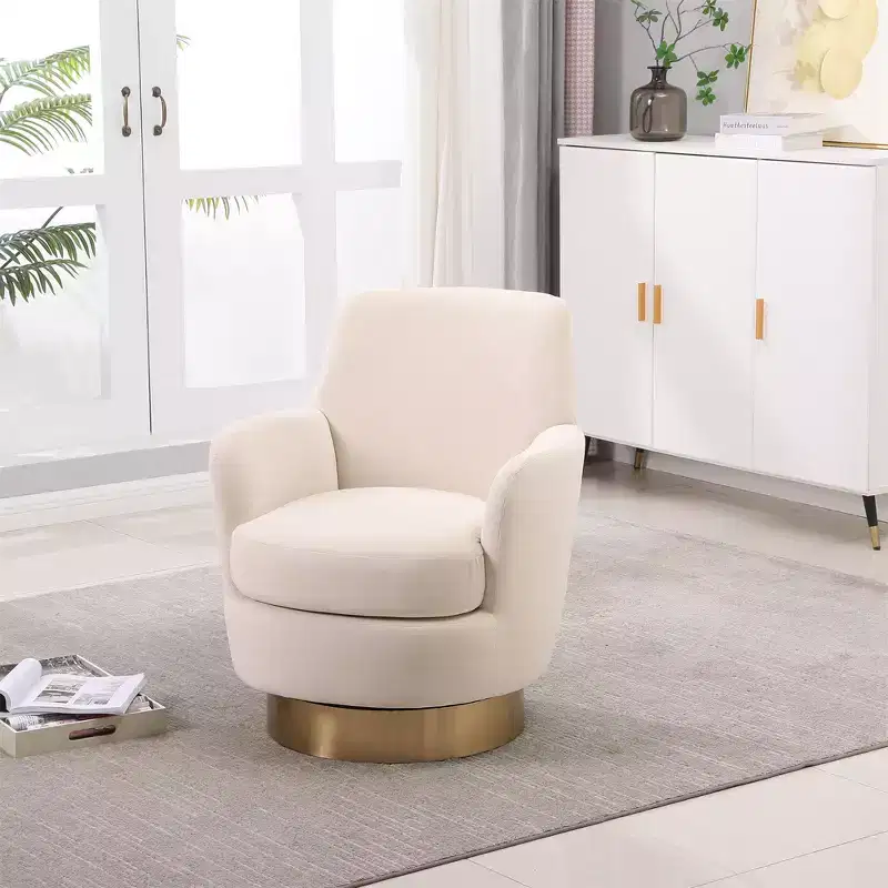 Swivel Barrel Chair, Round Accent Armchair With Gold Stainless Steel Base, Modern 360 Reading Chair for Living Room or Bedroom