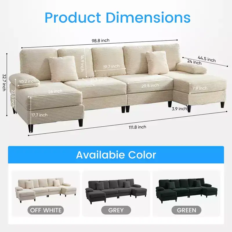Mjkone 112 U Shaped Sectional Couches, Corduroy Sectional Sofa with Double Chaises and Sleepable Armrests, Large 4 Seater Sofa