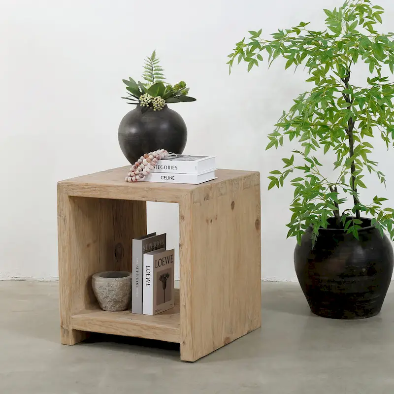 Waterfall Side Table with Open Shelf | Weathered Natural Finish | 22x22x24H