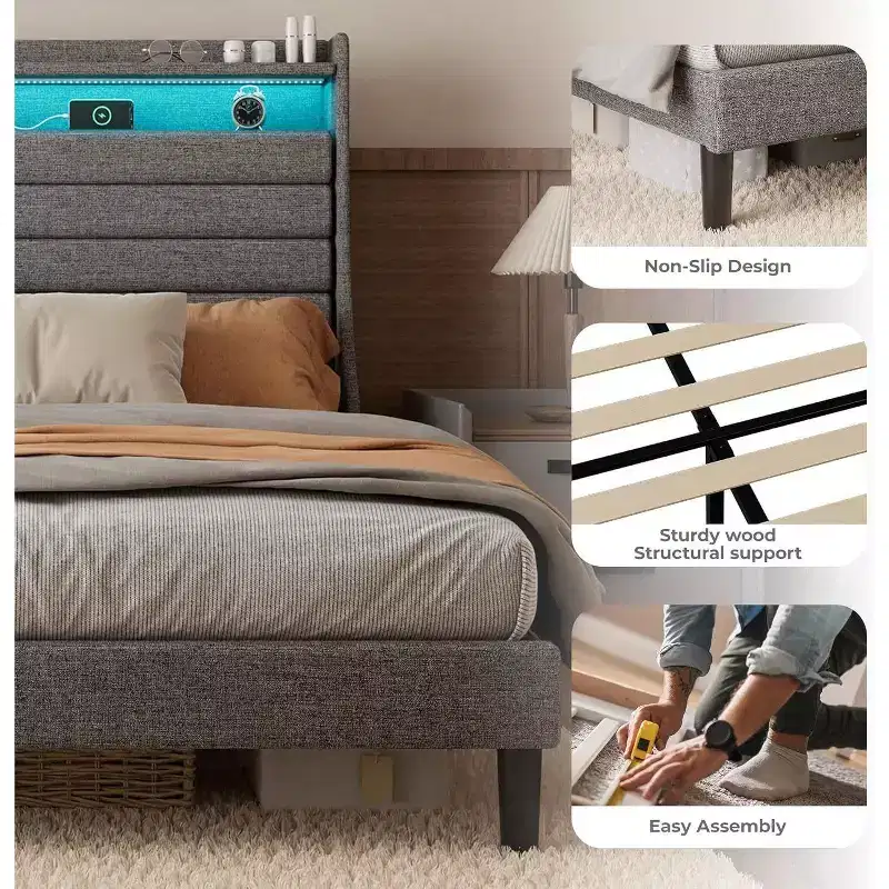 Acekool Twin Bed Frame with Charging Station and LED Lights, Upholstered Platform Bed with Storage Headboard, Wooden Slats, Beige