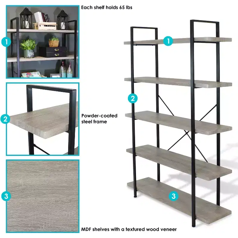 5-Shelf Industrial Freestanding Etagere Bookshelf, Oak Gray Wood Veneer, 47.5