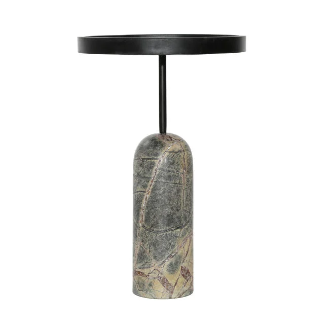 Contemporary Wood & Green Marble Side Table with Round Top & Contrasting Base for Living Room