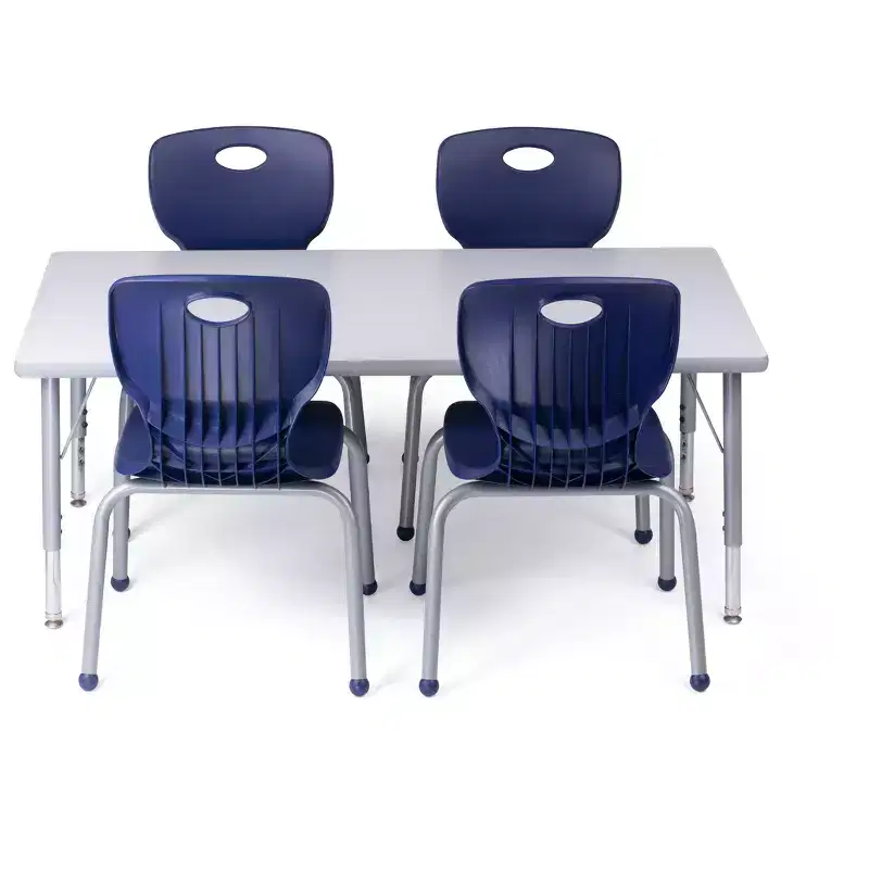 Bintiva Activity Table & Chair Set  24x48 Gray Sprayed Edge Table with Adjustable Legs and 4 Blue 12 NAAR Classroom Chairs