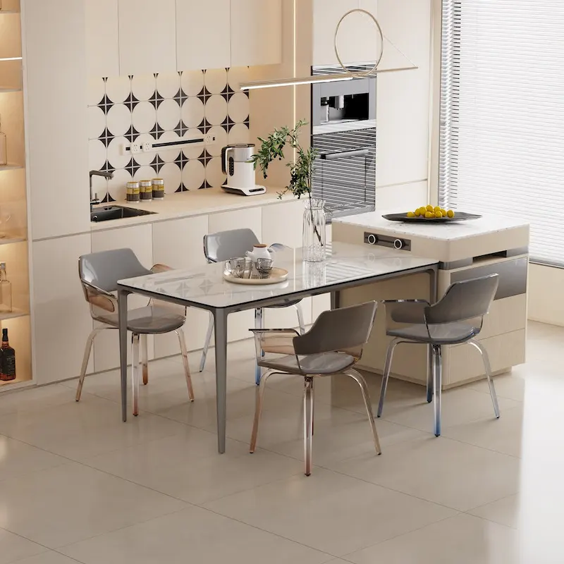 Carbon Grey White Rectangular Dining Table, Sintered Stone & Tempered Glass Top, Seats 6