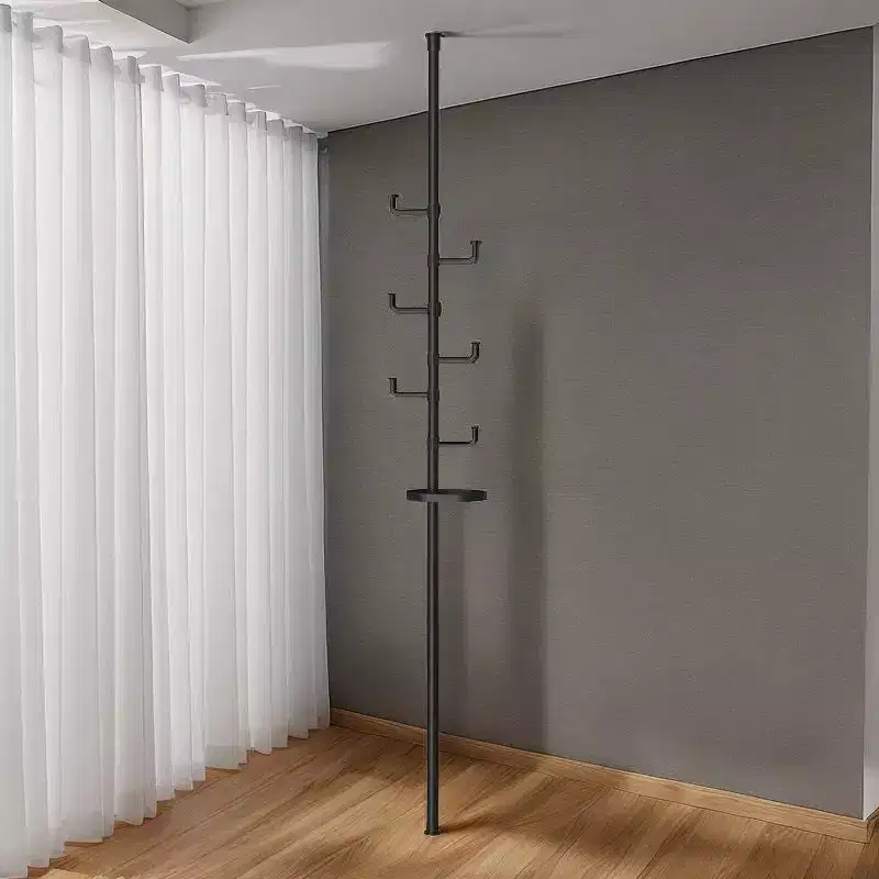 Okak Floor to Ceiling Coat Rack with Adjustable Tension Pole, Hall Tree with Tray and Hooks, Coat Stand for Living Room, Entryway, Balcony, Black