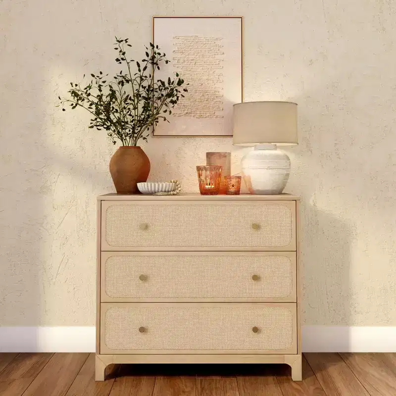 3-Drawer Dresser with Rattan Fronts & Brass Knobs – Solid Pine Frame, 37