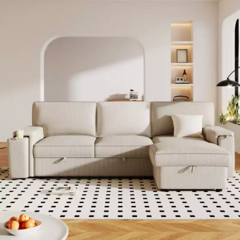 Upholstery Sleeper Sectional Sofa with Storage Bags and 2 cup holders on Arms
