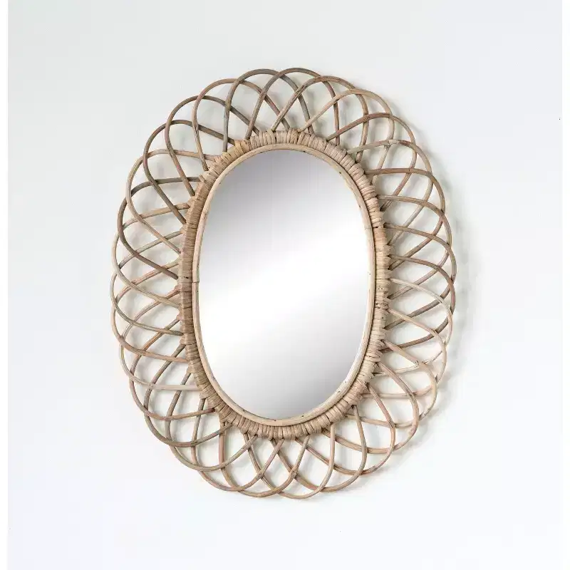 Oval Woven Bamboo Wall Mirror – Brown, Natural Artisan Frame