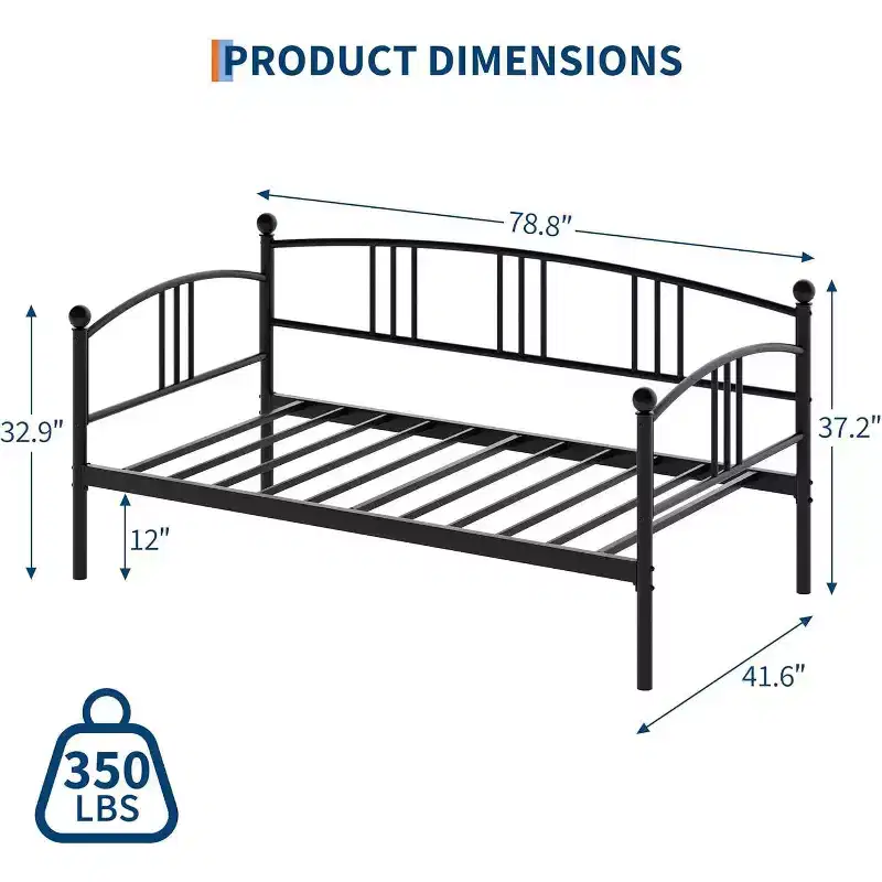 Twin Metal Daybed with Arched Headboard, Storage Drawer, Steel Slats, No Box Spring, Easy Assembly, Black