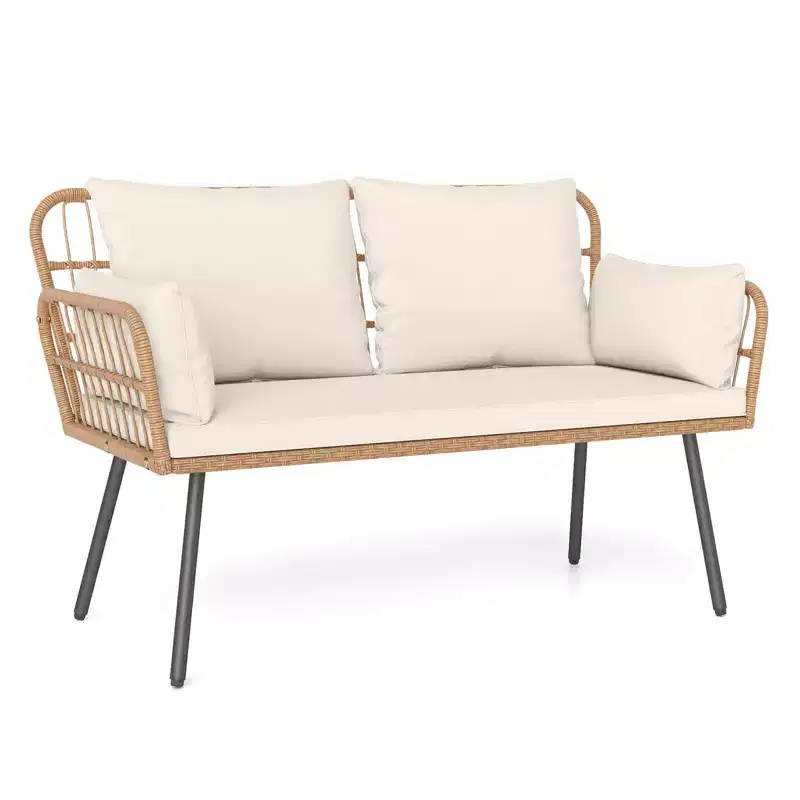 Costway Patio Wicker Loveseat Furniture with Seat Back Cushions, Heavy-Duty Metal Legs Off-White/Black
