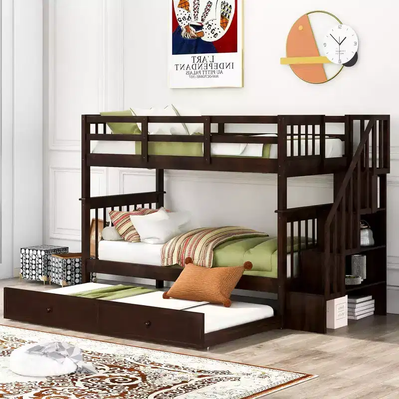 Stairway Twin-Over-Twin Bunk Bed with Twin size Trundle for Bedroom, Dorm, Adults, White