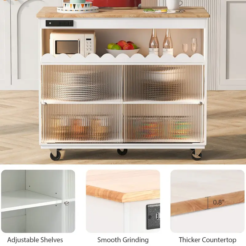 44 in. W Kitchen Island Rubberwood Drop-Leaf Countertop on 5 Wheels with Open Shelf and Wine Rack - 44