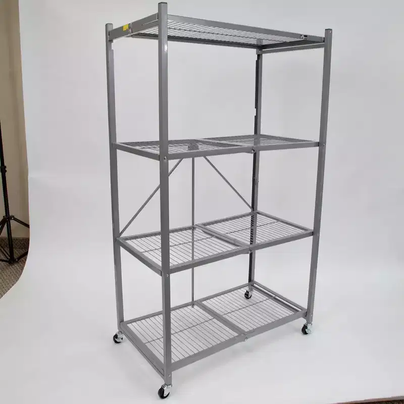 R5 4 Tier Foldable Metal Storage Rack with Wheels, 1,000 Pound Capacity for Kitchen, Garage, or Garden Storage, Pewter, Certified Refurbished