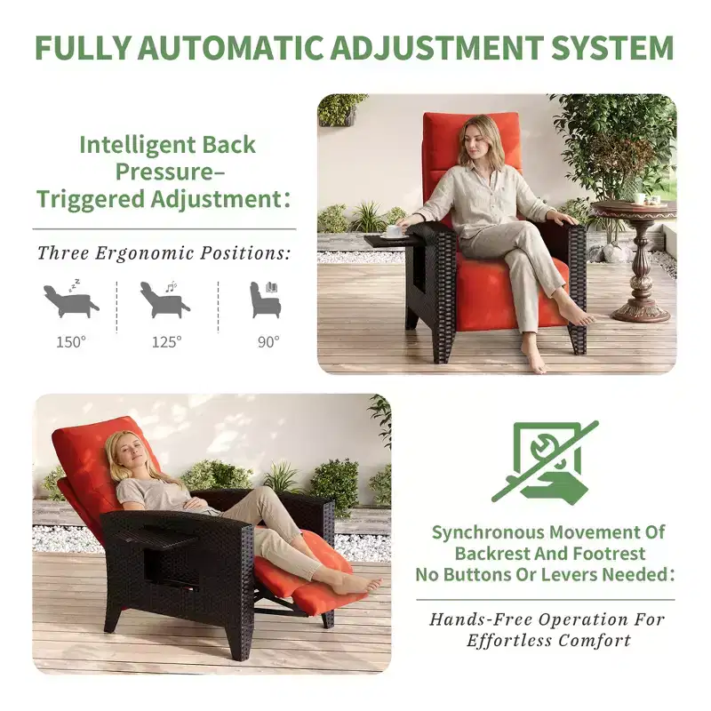 Wicker Recliner Chair with Adjustable Back & Footrest,150 Lay Flat Rattan Reclining Patio Chair with Extendable Side Table & Air Pump