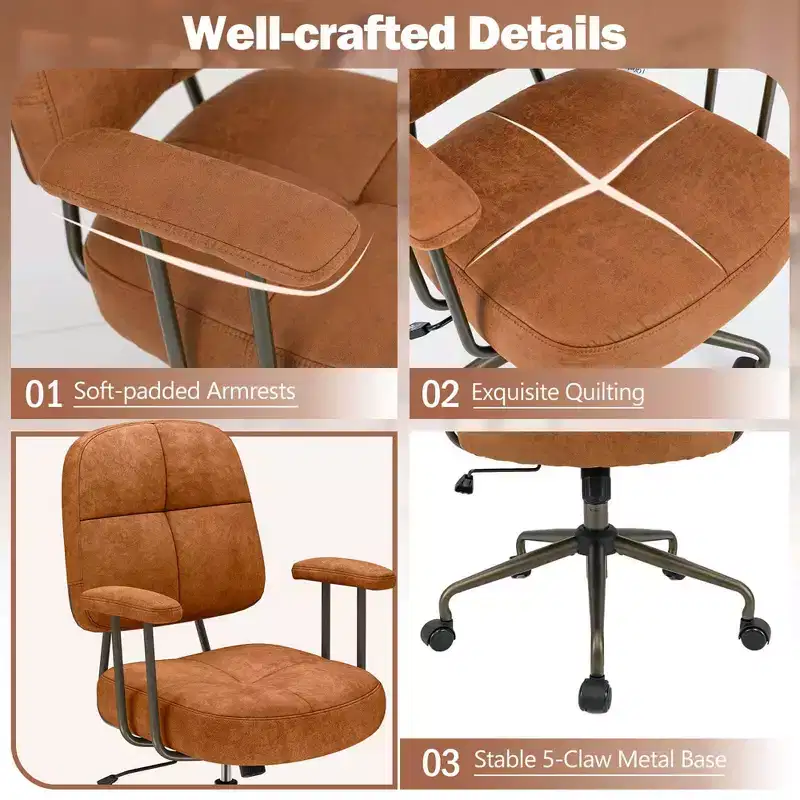 Costway Home Office Chair Leathaire Upholstered Task Chair with Cushioned Back & Armrests Brown/Beige