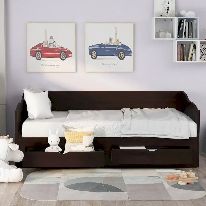 Wooden Daybed with Trundle Bed and Two Storage Drawers