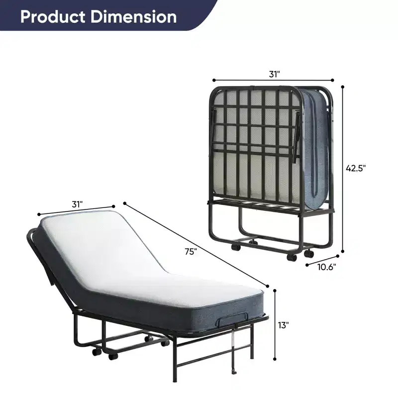 Folding Bed with 5'' Mattress, Portable Guest Bed Camping Cot, Soft Padded Rollaway Sleeping Bed with Wheels, Twin Size