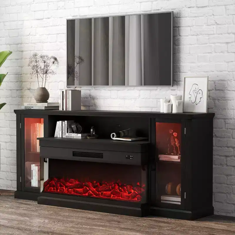 Real Relax 72.8 in. Farmhouse TV Cabinet with 3-Sided Glass Electric Fireplace Adjustable 12 LED Light Colors Media Console for TVs up to 80 in.