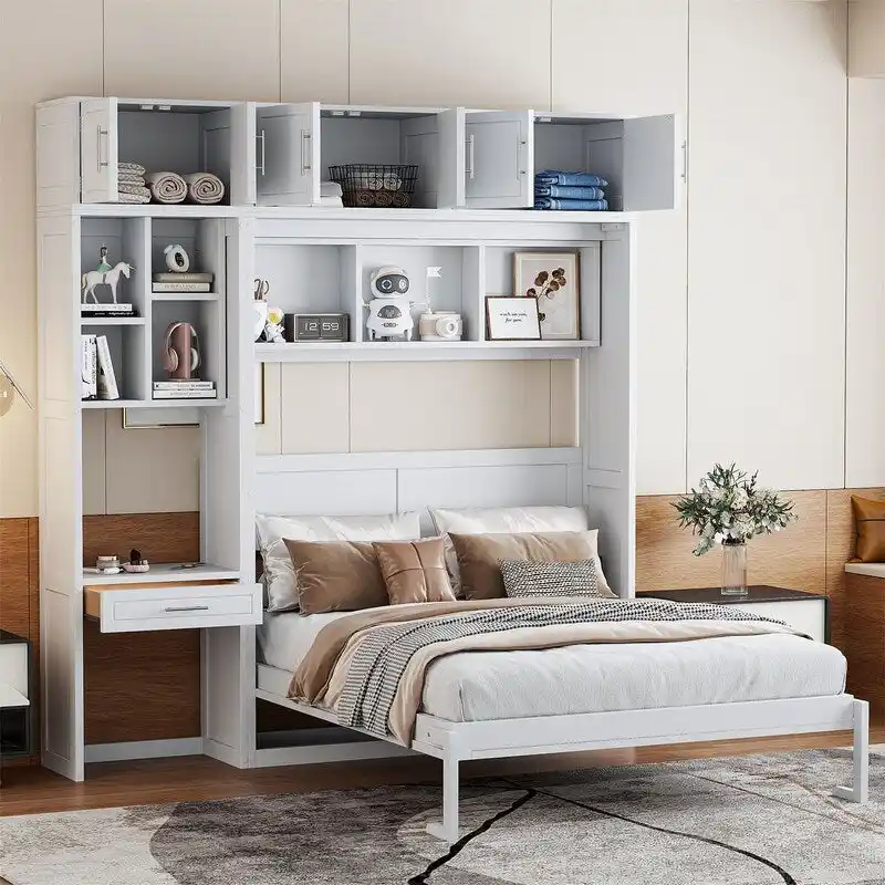 Murphy Wall Bed with Desk, Top Cabinets & Shelves – White / Grey, Full / Queen, MDF & Plywood