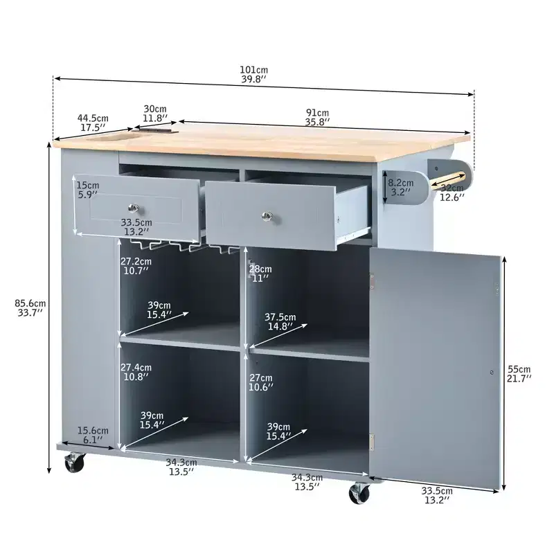 Kitchen Island with Power Outlet, Drop Leaf, Wine Rack & Adjustable Storage, Blue