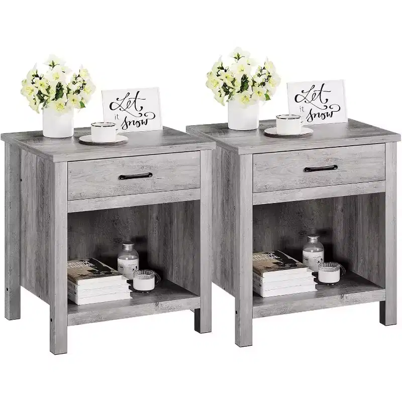 Acekool Farmhouse Nightstand Set of 2, Grey End Tables with Drawer & Open Shelf, Modern Bedside Tables for Bedroom, Living Room, Office