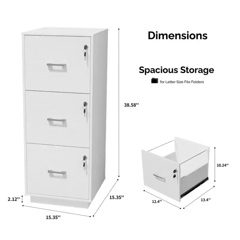 3-Drawer White MDF Vertical File Cabinet, 15.35