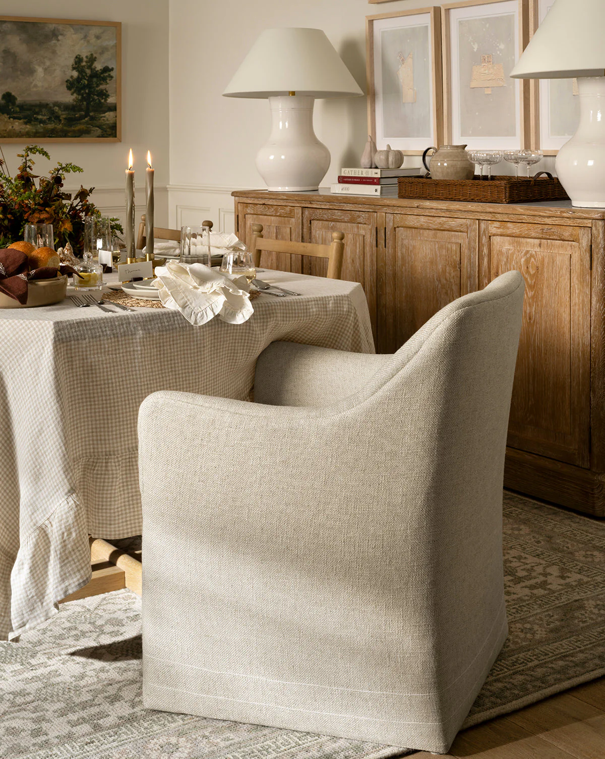 Contemporary Linen Dining Chair with Fluid Armrests for Dining Room