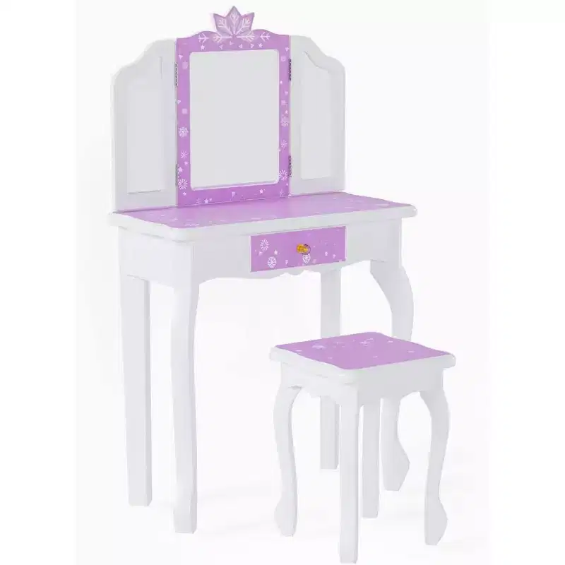 JOYMOR Kids Vanity Set, Wooden Princess Makeup Table with Stool, Tri-Folding Mirror, Large Drawer and Solid Wooden Legs, Purple