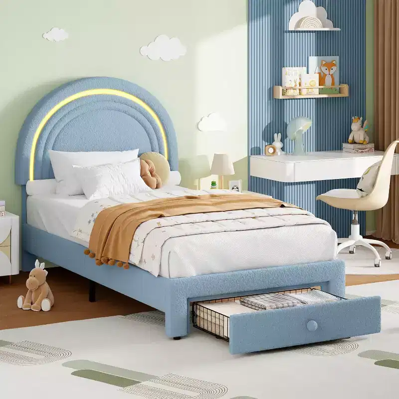 Kids' Twin Size LED Bed Frame - Rainbow Headboard + Berber Fleece Upholstery, Princess-Style Platform Structure, Including 1 Storage Drawer