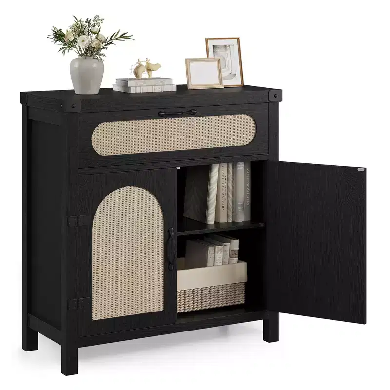 29.9'' Small Rattan Buffet Cabinet with Storage, Kitchen Coffee Bar Cabinet with Doors and Drawer, Sideboard with Adjustable Shelves and Handle