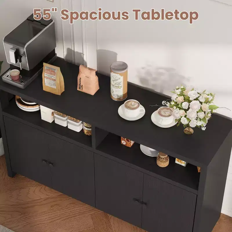 Spacious 55 Farmhouse Buffet Sideboard Cabinet  4 Doors, Adjustable Shelves, Ample Storage  Wood Coffee Bar for Dining Room