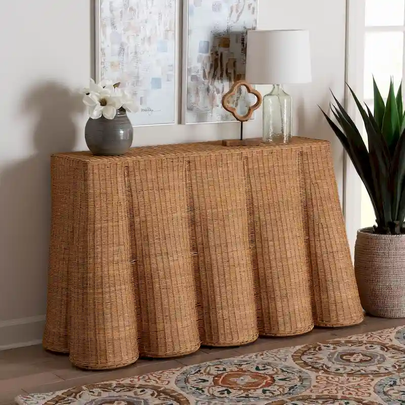 Palm Scallop Natural Rattan Console Table  Handwoven Wicker Accent Table for Hallway or Entryway, Coastal Dcor, Rectangle