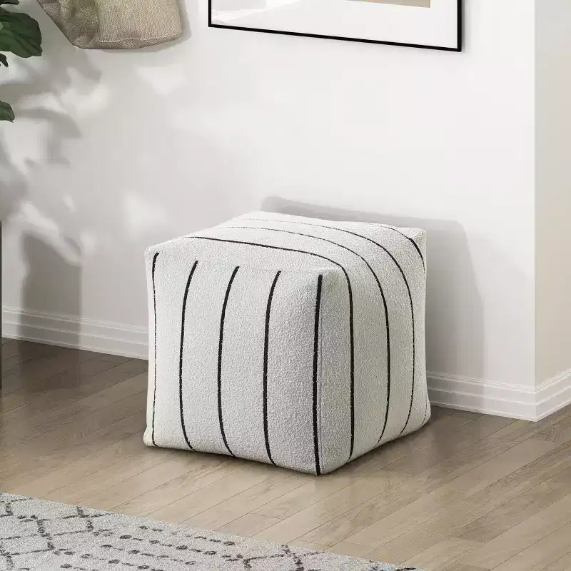 16 Inch Square Pouf, Chic Jacquard Ottoman, Footrest Stool, Non-Slip, 300 lbs Capacity, White Stripes