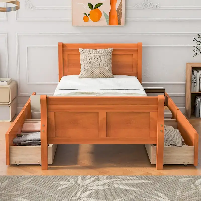Twin Wood Platform Bed with 4 Drawers & Headboard – Oak / Espresso / Grey / White, 1-Person