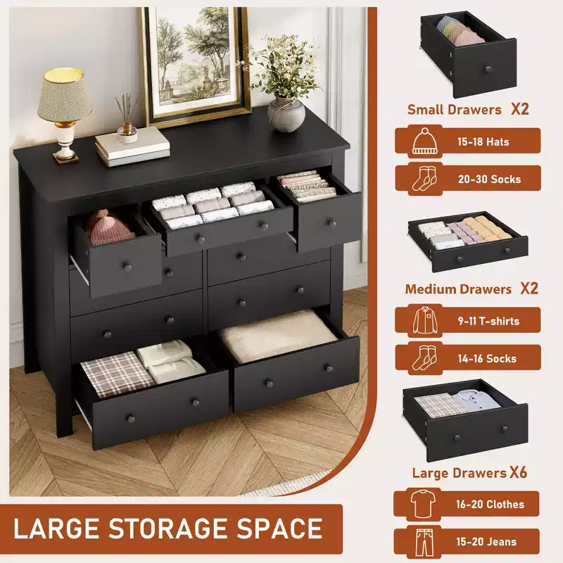 47 Wooden Wide Chest of Drawers for Bedroom, Long Dresser TV Stand for Nursery, Living Room, Hallway