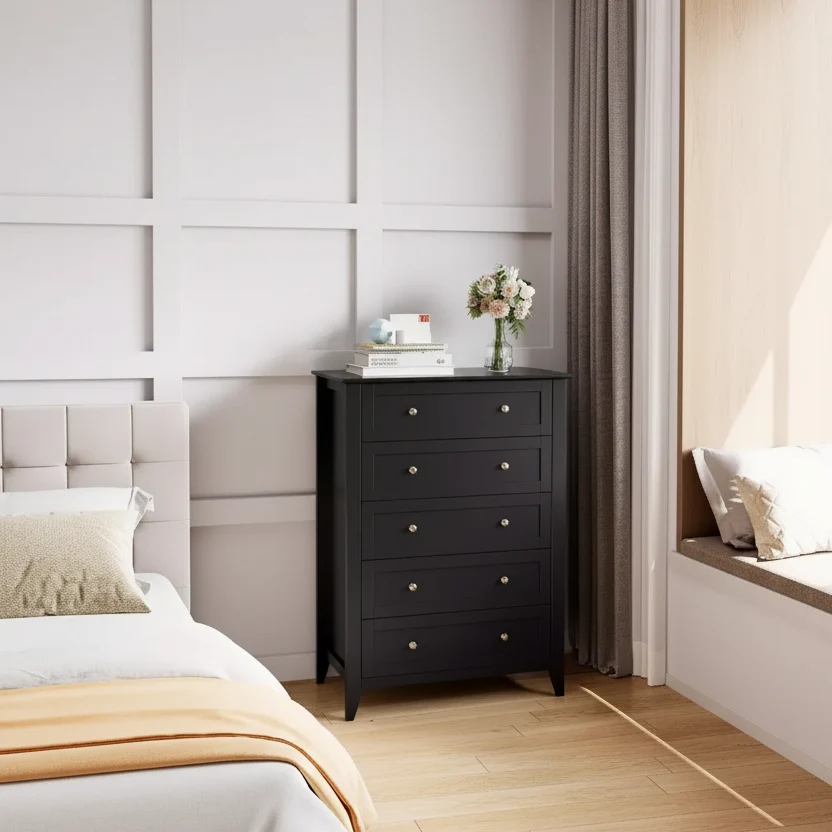 Tall Nightstand with Deep Drawers & Metal Knobs – Black