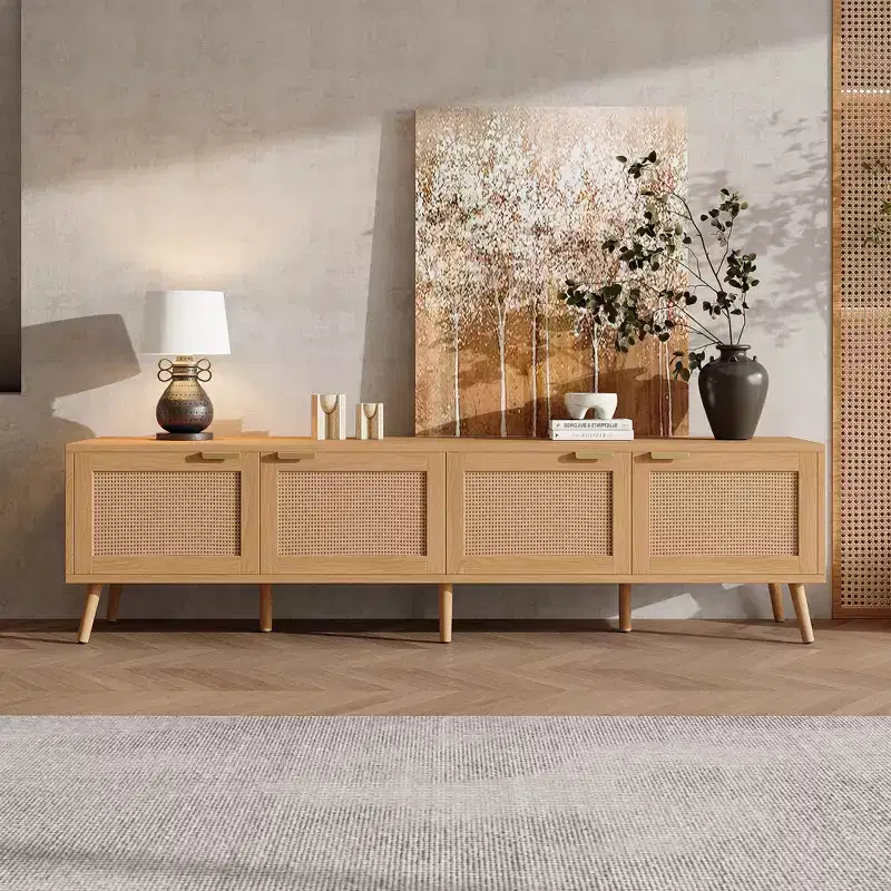 GDFStudio Primo 70 Boho TV Stand for 80 TVs, with Rattan Doors & Cable Hole