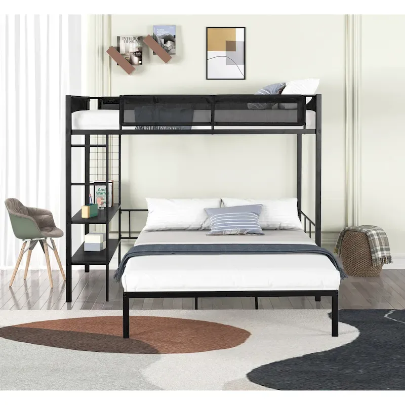 Twin over Full Bunk Bed with Shelves, Grid Panel and Separated Bottom Bed