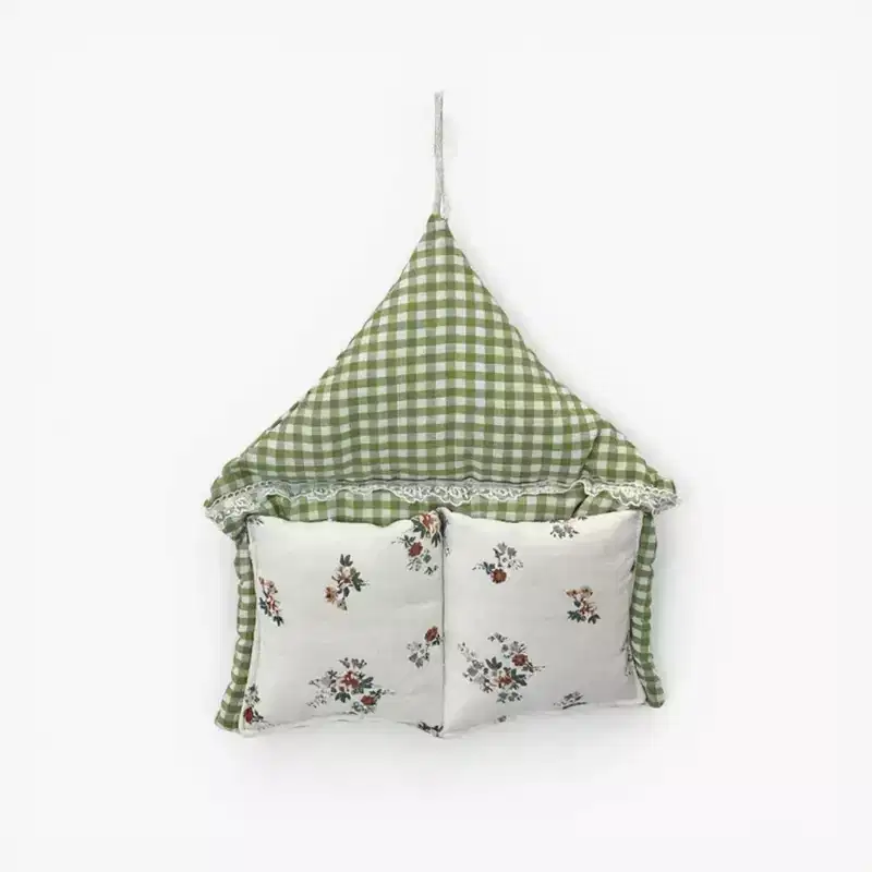 Alilang Hanging Wall Organizer with Gingham Top and Floral Double Pockets 11x10in