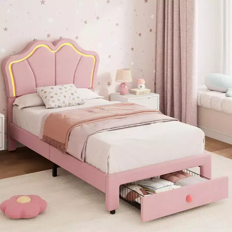 Upholstered LED Bed Frame with Storage Drawers for Kids