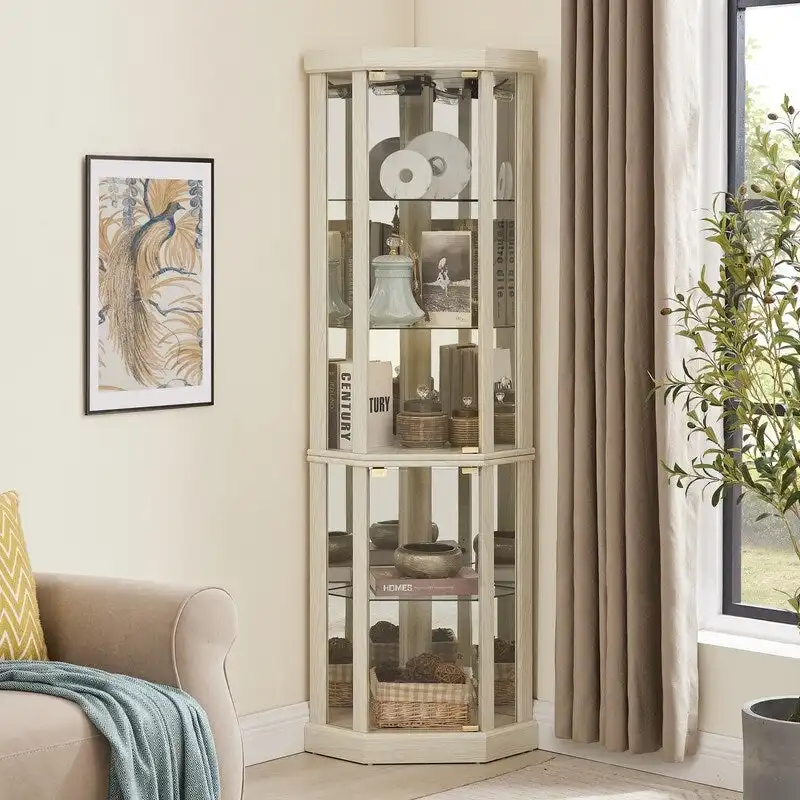 White Corner Cabinet with Glass Doors & Built-In Lighting, 1-Person Assembly