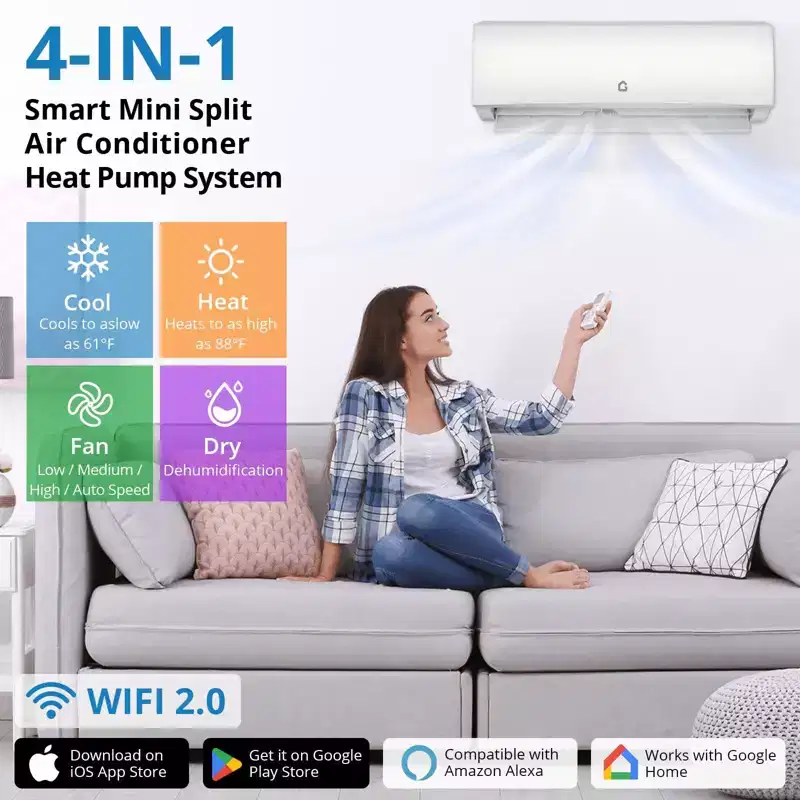 Acekool 17000 BTU Mini Split Air Conditioner Heater, WiFi Inverter Heat Pump, Ductless AC 230V, Cools Heats 1250 Sq.Ft, White