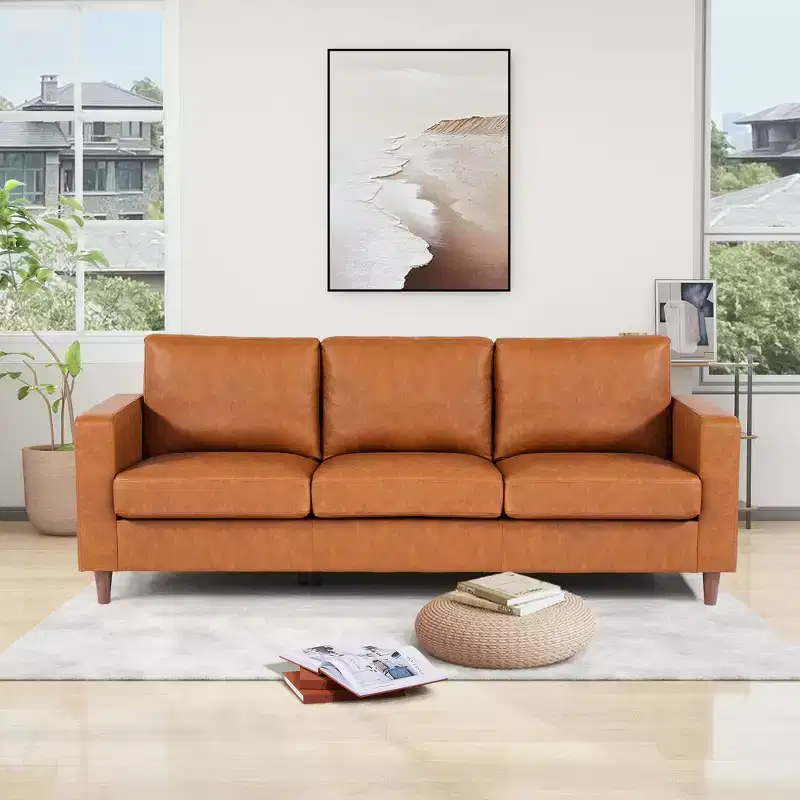 83 Inch Brown Leather Sofa - Mid-Century Modern Couch, 3-Seater Sofa with Armrests, Comfy Cushions, PU Deep Seat Sofa for Living Room, Bedroom