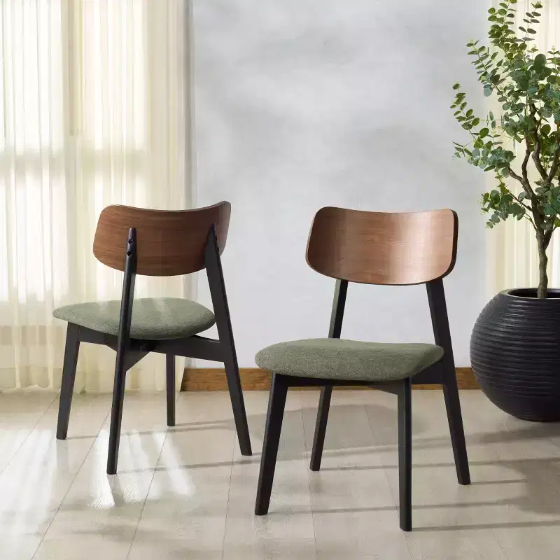 Wood Dining Chair Set of 2, Rubberwood with Upholstered Seat, Walnut Finish