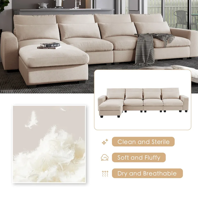 Modern Convertible Large L-shaped Feather Filled Sectional Sofa with Reversible Chaise - 129.9W x 72D x 31.5H