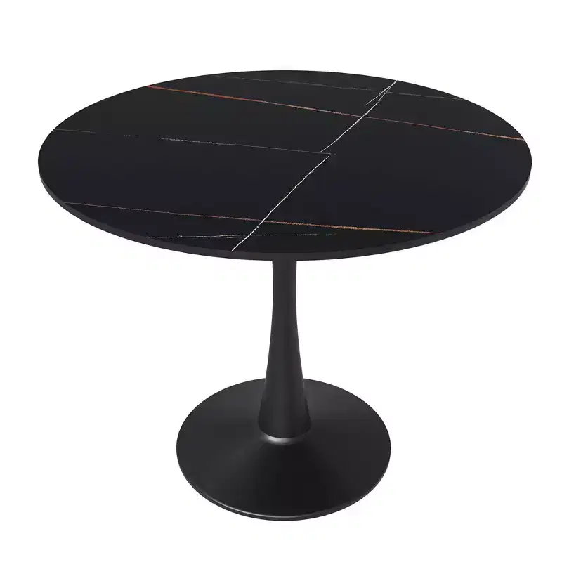 35 Dining Table Sintered Stone Top Accent Caf Table & Sturdy Steel Black Pedestal Base for Kitchen and Small s