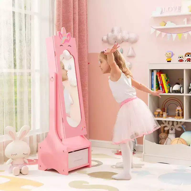 Costway Kids Vanity Set Princess Makeup Dressing Table and Chair Set with Jewelry Armoire White/Pink