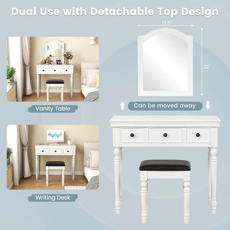 Costway Vanity Table Set Makeup Desk Cushioned Stool 3 Drawer Large - See Details