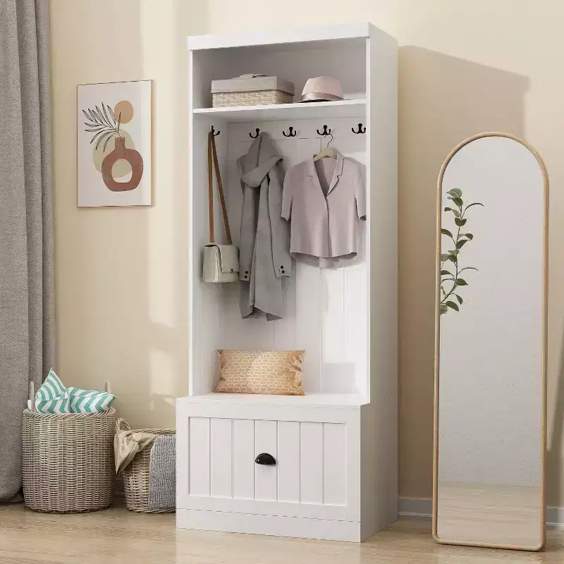 Famapy White Hall Tree Shelf Rack Shoe Storage Coat Organizer Cabinet