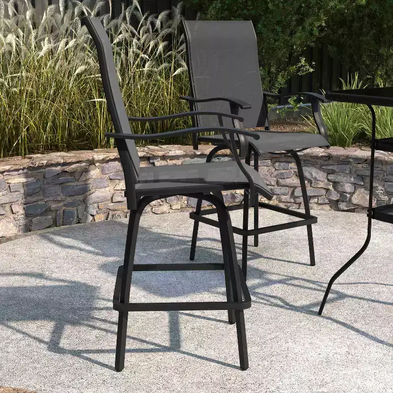 Merrick Lane Set of 2 Brett High Back Bar Height Swivel Patio Stools with Powder Coated Metal Frames and Textilene Upholstery